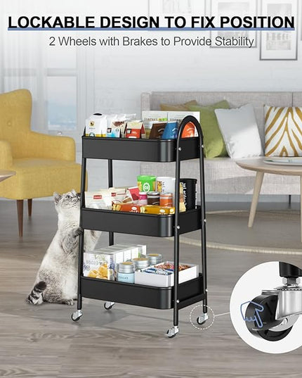 EAGMAK 3 Tier Utility Rolling Cart, Metal Storage Cart with Handle and Lockable Wheels, Multifunctional Storage Organizer Trolley with Mesh Baskets for Kitchen, Living Room, Office, Garage (Black)