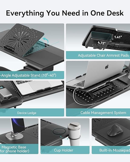 Newtral Laptop Bed Tray Desk, Height & Angle Adjustable Foldable Laptop Stand w/Cup Holder, Mousepad, Laptop Table Bookstand for Gaming, Working, Sofa & Office Chairs Use (Black, Upgrade)
