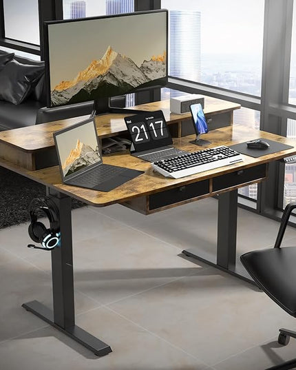 48 * 30 Inches Electric Standing Widened Desk Adjustable Height with 4 Drawers, Double Storage Shelves Stand Up Desk, Home Office Workstation Sit Stand up Desk (Rustic Brown)