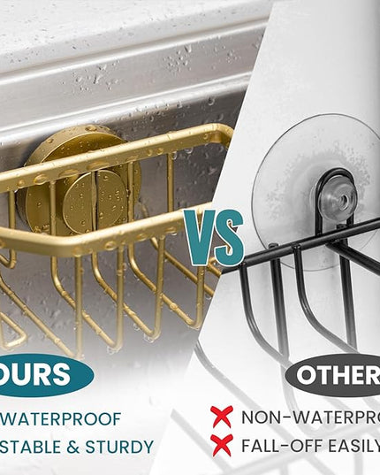 TAILI Sponge Holder for Kitchen Sink with Strong Suction Cup Removable, Rustproof Aluminum Sink Caddy for Sponge, Brush, Scrubber, Scraper -Gold