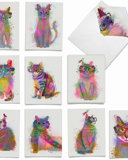 The Best Card Company - Assorted Kittens Watercolor Blank Greeting Box Set - Incl. 10 Unique Design Notecards + Envelopes for Thank You, Invitation - Funky Rainbow Cats AM6199OCB-B1x10