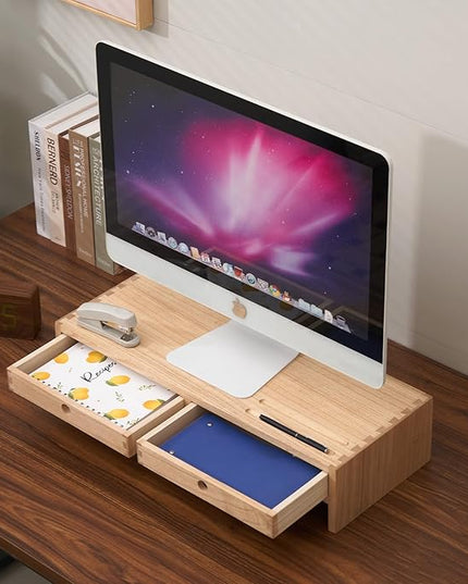 KIRIGEN Wood Monitor Stand with 2 Drawers - Computer Arm Riser Desk Storage Organizer,Speaker TV Laptop Printer Stand with Pen Slot and Cable Management,2-Tier Desktop Shelf NA-2PMJ
