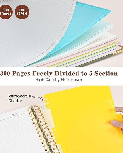 Hardcover Large Spiral Notebook 8.5" x 11" with Removable Dividers Tabs, 300 pages Leather 5 Subject Notebook College Ruled, A4 Journal for Women Men, Notebooks for Work School Note taking, Green