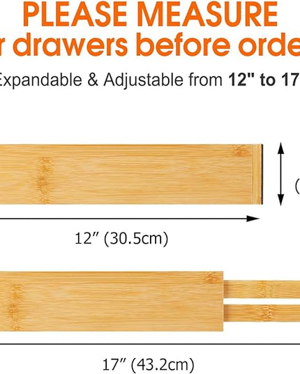 Bamboo Drawer Dividers Organizers, Kitchen Drawer Organizer, Adjustable Drawer Divider for Clothes, Kitchen, Dresser, Bedroom, Bathroom and Office, 4-Pack (Natural, 12-17 IN)