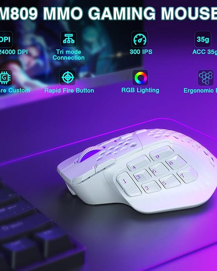 SOLAKAKA SM809 Pro Gaming Mouse with 9 Side Buttons,24000 DPI RGB Mouse for Gamer,16 Programmable Macros MMO Mouse,White