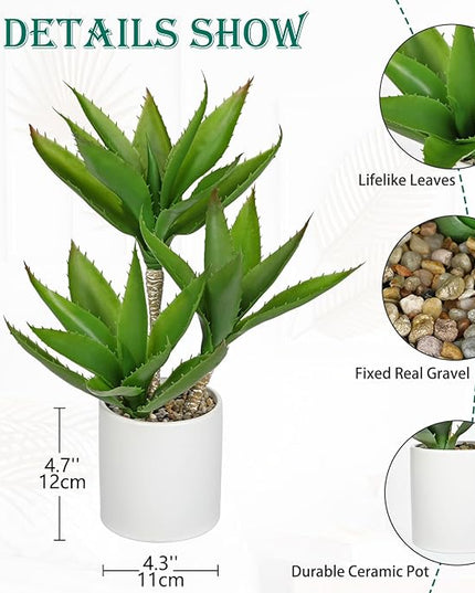 Hollyone Large Artificial Agave Plants Fake Three-Head Agave Succulents Plant Potted 17" Faux Plant in White Pot Succulent Aloe Vera Plants Indoor for Desk Modern Home Decor