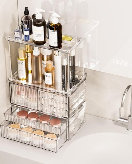 Acina Bathroom Countertop Organizers and Storage: 2-Tier 6-Drawer Makeup Organizer Countertop, Easy to Install, Ideal for Bathroom Storage, Vanity, Perfume, Large Skincare Items, Present, Clear