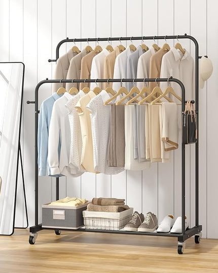 Laiensia Double Rods Garment Rack with Wheels, Clothing Rack for Hanging Clothes,4 Hooks, Multi-functional Bedroom Clothes Rack, Black