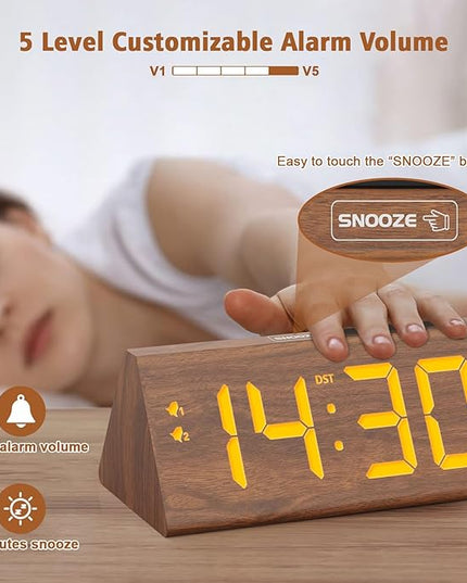 fomobest Wooden Digital Alarm Clock with Dual USB Charging Ports, DST, Dimmable, Snooze, Modern Large Time Display LED Clock for Kids Bedrooms, Living Room, Desk, Table, Bedside, Nightstand (Brown)