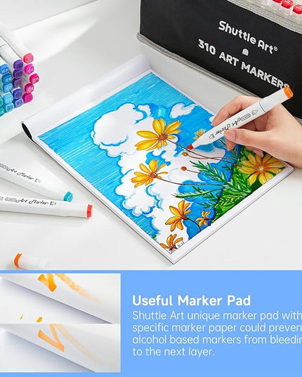 Shuttle Art 310 Colors Alcohol Markers, 309 Colors Dual Tip Art Marker Set Plus Colorless Blender, Micro-tip Pens, White Highlighter Pens, Marker Bag with Holders Perfect for Students Adults Coloring