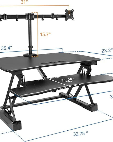 Mount-It! Electric Standing Desk Converter with Dual Monitor Arms for 2 Screens (Max 32"), Large 35.4" Wide Desktop, Motorized Stand Up Desk Riser, Keyboard Tray, USB, Black Stand up Desk Convertor