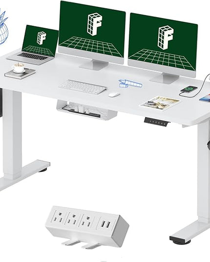 FLEXISPOT EN2 Whole-Piece Standing Desk with Clamp Power Strip, 60 x 24 Electric Stand Up Height Adjustable Desk with Cable Management (White Frame + 60" White Desktop, 2 Packages)