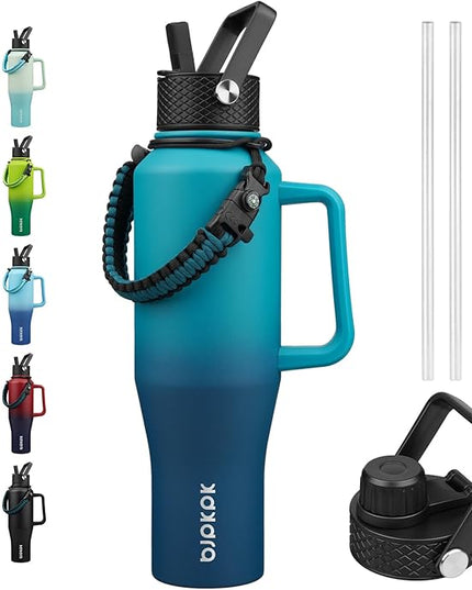 BJPKPK Insulated Water Bottles with Straw Lid, 40oz Metal Water Bottle with 2 lids & Paracord Strap, Double Wall Stainless Steel Tumbler with Handle, Reusable Cups, Mugs, Thermo, Sea