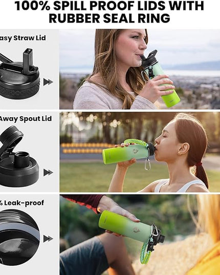 Insulated Water Bottle 20 oz, Triple Wall Vacuum Stainless Steel (Cold for 48 Hrs), Leak Proof & Non-BPA, Kids Water Bottle Jug for School with Straw Spout Lids, Ombre Green