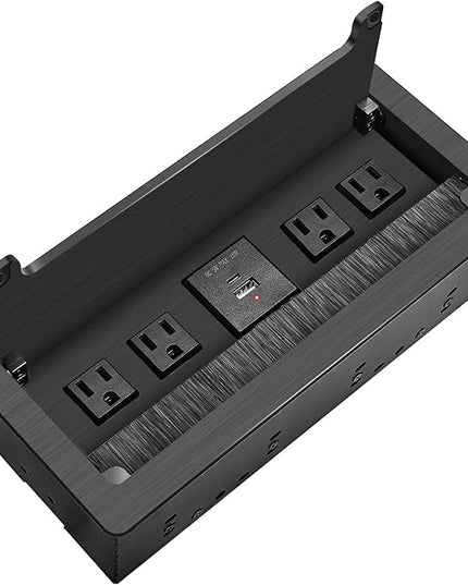 Embedded mesa Power Outlet Box, Table Power Multimedia Connectivity Box for Conference Study Room Home with 4 AC Outlet,USB-C Port Fast Charge 18W Length 4.9FT Power Cable (Brushed Black)
