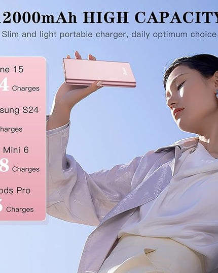 BONAI Portable Charger 12,000mAh 5V/3A Fast Charging Power Bank, Dural Input & Output Ports (USB-C in & Out) Portable Phone Charger for iPhone 17/16/15/14/13/12 Series Galxy Android iPad etc- Pink