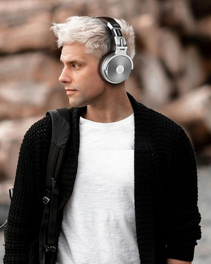 OneOdio Bluetooth Over Ear Headphones, 110 Hrs Wireless/Wired Stereo Sound Foldable Headsets with Deep Bass 50mm Neodymium Drivers for PC/Phone/Tablet - Studio Wireless Pro C, Silver