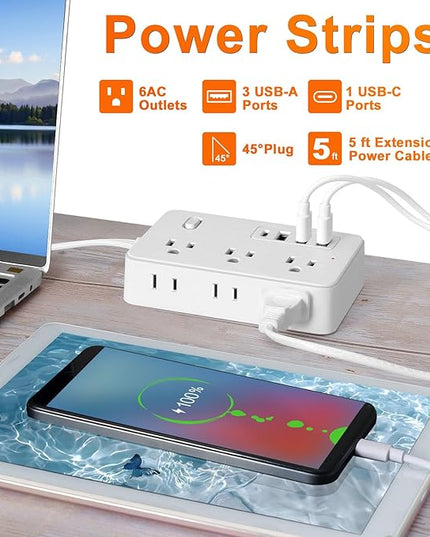 10Ft Surge Protector Flat Extension Cord Flat Plug Power Strip, 6AC Outlets, 4 USB Charger(1 USB C Port), 1700 Joules Protection, Office Supplies, Dorm Room Essentials