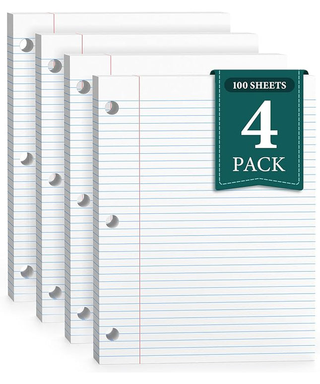 PINJINGPRO College Ruled Loose Leaf Paper, 3 Hole Punch Paper 8 x 10.5, Notebook Paper, Filler Paper for 3 Ring Binders, Lined Paper College Ruled, 100 Sheets/Pack Writing Paper With Lines (4 Pack)