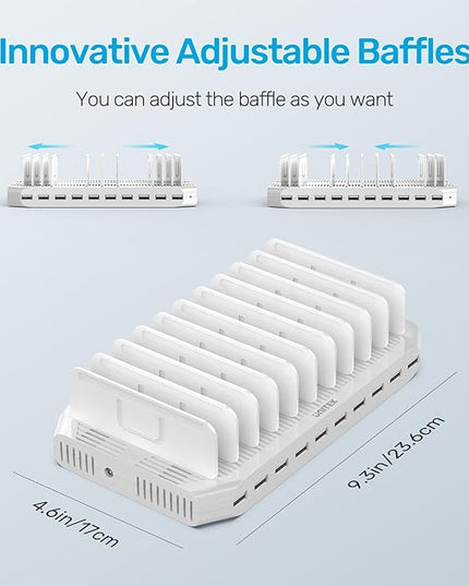 【10PCS】 Unitek Multi Charging Station, 10-Port USB Charger for Multiple Device with SmartIC Tech and Adjustable Dividers, Organizer Stand Compatible with iPad, Tablet, Kindle, iPhone - 10PCS, White
