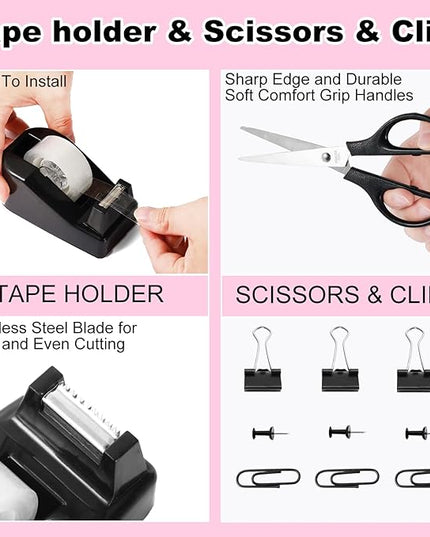 Desk Organizers and Accessories Set with 360-Degree Rotating Pen Holder, Tape Dispenser, Stapler, Staple Remover, 1000 Staples, Tape, Clips Set, Ruler, Scissor, Pen