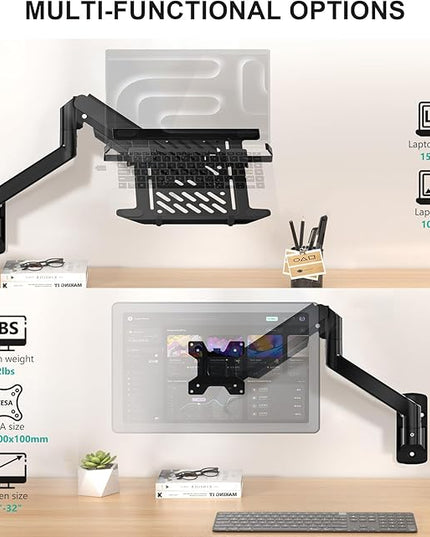 WALI Laptop Wall Mount, Full Motion Adjustable Laptop Arm Fits 10 to 17" Notebook, 2-in-1 Monitor Wall Mount for 17 to 32" Computer Screen, Holds up to 15.4-22lbs(GSWM001NLP), Black