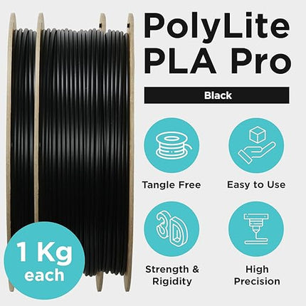 Polymaker PLA PRO Filament 1.75mm 2kg, Tough & High Rigidity Black*2 3D Printing Filament, PolyLite PLA PRO 3D Printer Filament 1.75mm, Print with Most 3D Printers