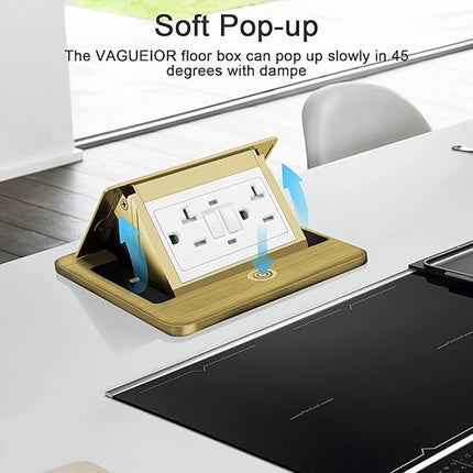 Vagueior Recessed Floor Electrical Outlet Kit,Waterproof Electrical Outlet Covcer Box,Hidden GFCI Outlet+20A Tamper-Resistant Receptacle Outlet with Slow Elastic Damping，ETL Certified，Brass