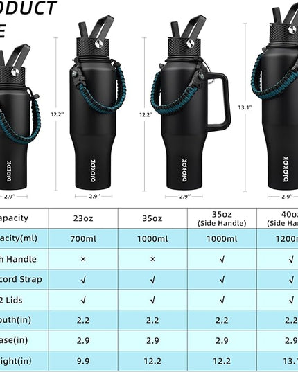 BJPKPK Insulated Water Bottles with Straw Lid, 23oz Metal Water Bottle with 2 lids & Paracord Strap, Double Wall Stainless Steel Vacuum Tumblers, Cups, Mugs, Thermo for Hot& Cold Drinks, Black