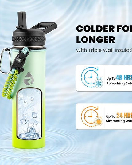 Insulated Water Bottle 20 oz, Triple Wall Vacuum Stainless Steel (Cold for 48 Hrs), Leak Proof & Non-BPA, Kids Water Bottle Jug for School with Straw Spout Lids, Ombre Green