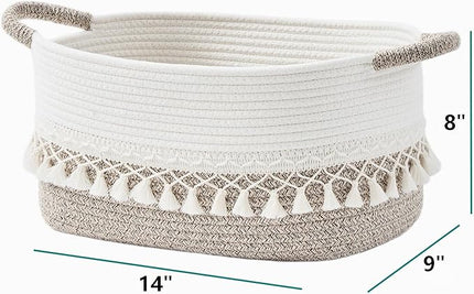 Storage Bins Woven Baskets for Storage Set of 3, Cotton Rope Basket with Handles for Toys/Shelves/Laundry, Rectangle Multi-Purpose Organizer for Living Room, Bedroom, Nursery (White/Beige)