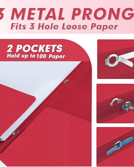 Two Pocket Folders, PANDRI 30 Pack Two Pocket Folders with Prongs, 3 Prong Folders Designed for Office and Classroom, Letter Size Red
