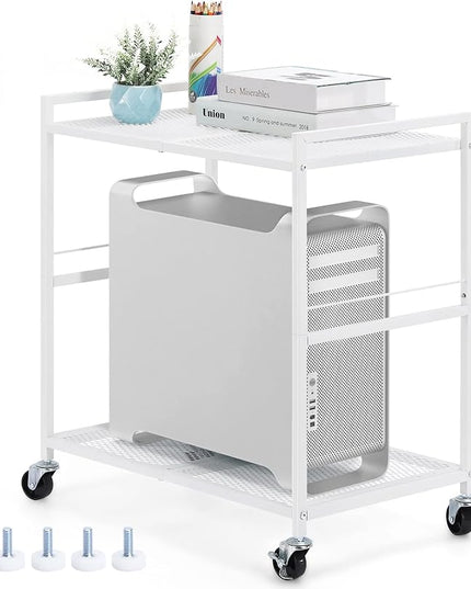 YBING Computer Tower Stand White PC Tower Stand 2 Tier CPU Holder with Wheels Metal Mobile Computer Tower Cart Rolling PC Cart Floor for Fax Home Office