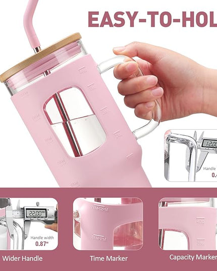Glass Tumbler with Straw and Lid, 40 oz glass cup with handle, Glass Water Bottles with Time Marker, Silicone Protective Sleeve-Pink