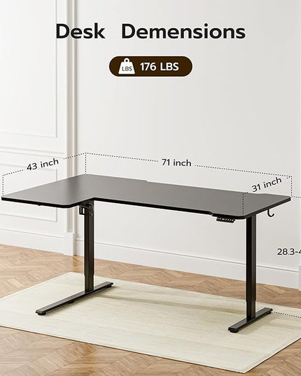 71" Reversible L-Shaped Electric Standing Desk Adjustable Height Gaming Stand Up Corner Desk Sit Stand Home Office Computer Desk with Splice Board, Black