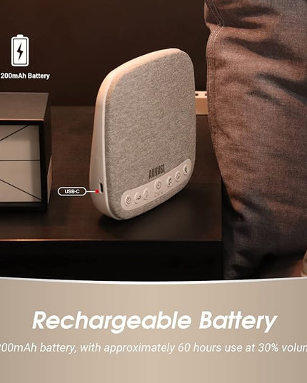 Portable White Noise Sound Machine - August SE160 - Calming, Ambient Sleep Therapy - 14 Soothing Sounds for Babies, Children, Adults - Sleep Aid with Timer - 60-Hour Battery - USB-C Charging - White
