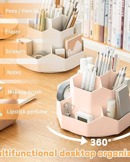 Pencil Pen Holder for Desk,9 Slots 360 Degree Rotating Desk Organizers,Desktop Storage Stationery Supplies Organizer, Cute Pencil Cup Pot For Office, School, Home(Pink)