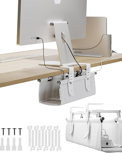 Ascrono Original No Drill Under Desk Cable Management Tray 14.1" - Premium White Fabric Cable Management Under Desk - Clamp/Screw Mount Cord Organizer - Supports Upto 66lbs