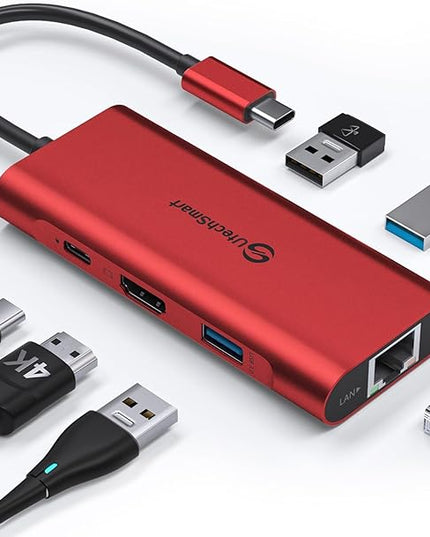 UtechSmart USB C Hub, Ethernet Multiport Adapter 6 in 1 USB C to HDMI Dock Compatible for MacBook Pro/Air, Chromebook, Dell XPS, HP and Type C Devices (Gigabit Ethernet 100W PD 4K HDMI USB 3.0) Red