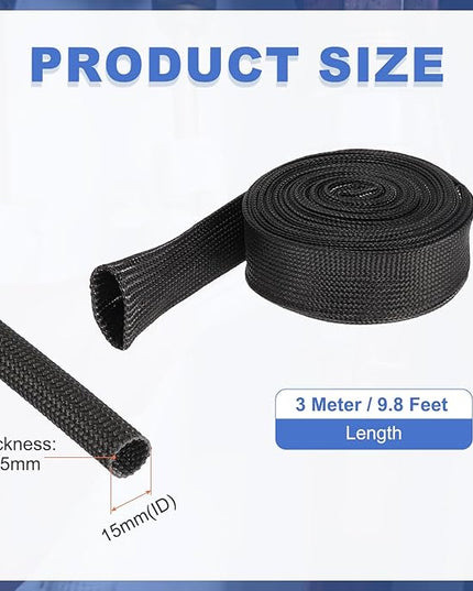 uxcell Insulation Cable Protector,15mm/0.59 Inch-3m/10 Feet High Temp Fiberglass Sleeve Black