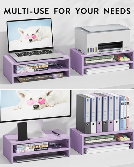 BONTEC Wooden Monitor Stand Riser, 2-Tier Desk Shelf with Storage Organizer, Ergonomic Computer Stand with Cable Management, Cellphone Holder, Purple, 16.5 Inch