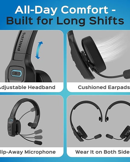Philips Trucker Bluetooth Headset with Mic, Wireless Single Ear Trucker Headset with AI Noise-Canceling Microphone & Mute Button, All Day Extended Playtime, Headphones for Truck Drivers, Home, Office