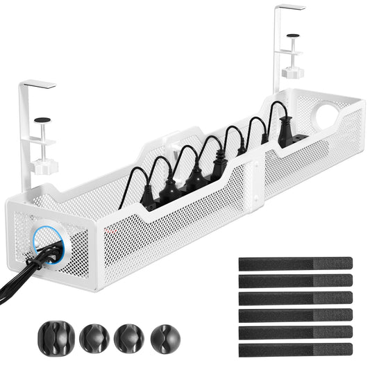[Upgraded] 25" Extra Large Under Desk Cable Management, Cinati Wire Organizers No Drill, Cable Tray with Clamp for Wire Management, Cord Organization Box for Office, Home - No Damage to Desk(White)