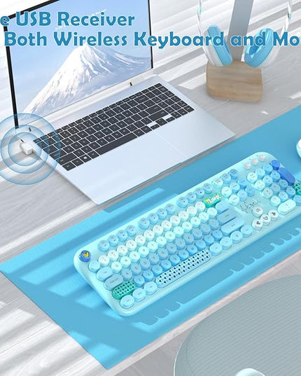 Wireless Keyboard Mouse Combo, MOFII 104 Round Keys Lovely Full-Size Cute Colorful Keyboard and Mouse with Retro Typewriter for PC/Mac/Laptop/Tablet/Computer/Windows Blue