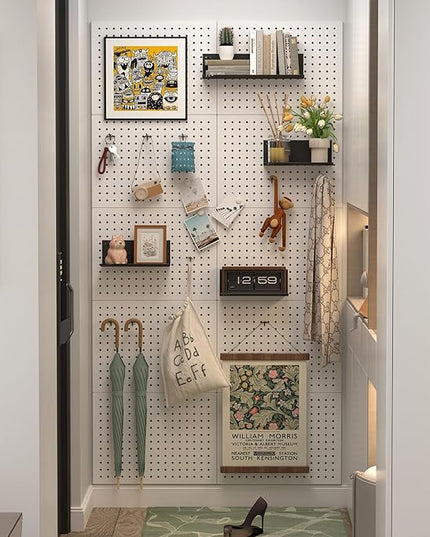 Metal Pegboard,4Pcs Peg Board Panels(12x16 inch) Wall Organizer with 8 Pieces Hooks,White Pegboard Panels Garage Tool Organizer with Screw for Entryway,Craft Room,Workbench