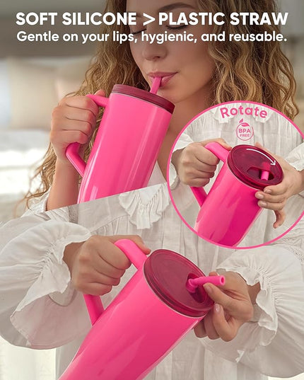 KISSKIND 40 oz Lumispin Tumbler with Handle and Hidden Straw, 100% Leak Proof Water Cup with Handle, Insulated Water Bottle for Travel, Mom, Nurse, Teacher, Student, Neon Pink