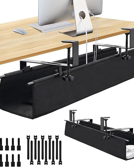 Under Desk Cable Management Tray, Clamp-On Cord Organizer，No Drilling Required, Holds Up to 22 lbs, for Cords, Routers, Power Strips (Black, 28.4inch)