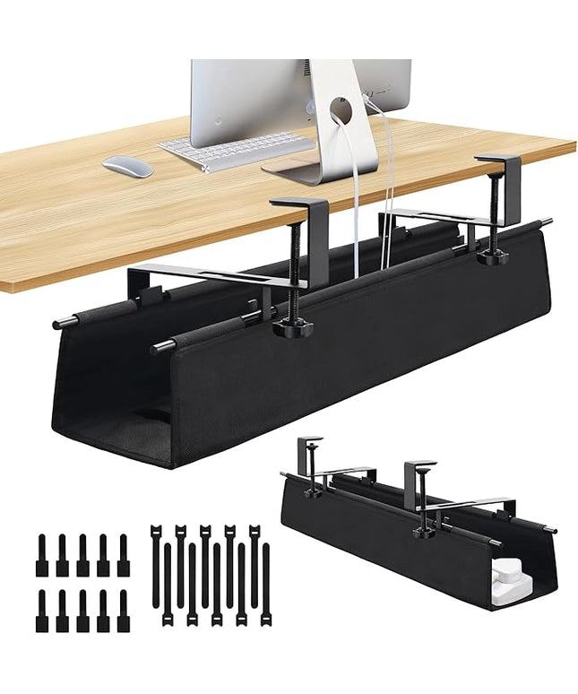 Under Desk Cable Management Tray, Clamp-On Cord Organizer，No Drilling Required, Holds Up to 22 lbs, for Cords, Routers, Power Strips (Black, 28.4inch)
