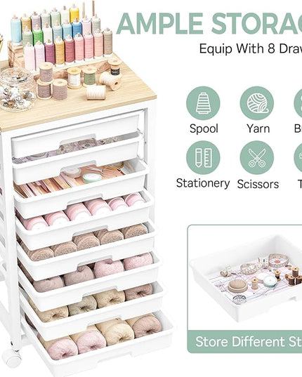 Rolling Cart with Drawers,8 Drawer Rolling Cart,Rolling Drawer Cart,Rolling Storage Drawer Cart,White Rolling Cart,Utility Cart with Drawers and Wooden Tabletop