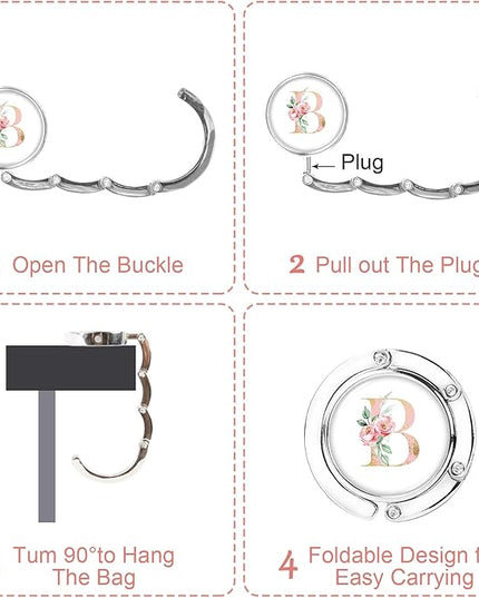 3pcs Personalized Initial Foldable Purse Hook for Table, Flower Letter Folding Handbag Hanger Portable Magnet Table Hook Holder, Collection Desk Purse Hooks for Women Bag (Pink-B)